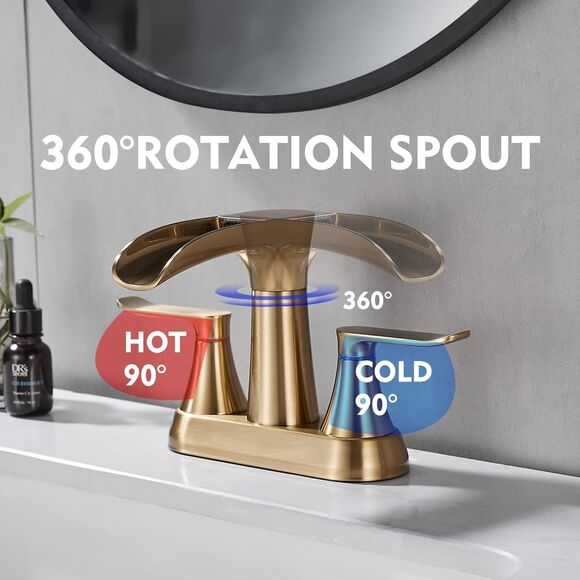 Yundoom Brushed Gold Waterfall Bathroom Faucet Swivel Spout Pop Up Drain BF4-04 - Picture 4 of 15